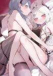  2girls ako_(blue_archive) bed belt blonde_hair blue_archive blue_eyes blush breasts earrings garter_straps highres hina_(blue_archive) hinamori_(18ar0) horns jewelry large_breasts multiple_girls pajamas purple_eyes small_breasts underwear white_hair wings 