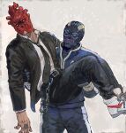  1boy 1girl belt black_belt black_gloves black_necktie black_neckwear carrying dorohedoro formal gloves mask necktie noi_(dorohedoro) princess_carry shin_(dorohedoro) simple_background smile stitches suit track_suit zukki_(suzukio) 