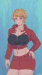  1girl blonde_hair breasts cleavage closed_mouth commission cowboy_shot cropped_jacket denim denim_skirt hand_on_hip highres jacket large_breasts long_sleeves midriff miniskirt navel original purple_eyes red_jacket red_skirt short_hair skirt smile solo tyrone underbust zipper 