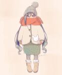  1girl alternate_costume beanie beige_background blue_eyes blue_hair boots brown_footwear buttons colis full_body grey_hair grey_headwear hair_between_eyes hat kantai_collection kiyoshimo_(kancolle) long_hair low_twintails mittens multicolored_hair pom_pom_(clothes) red_scarf scarf simple_background solo twintails twitter_username 