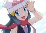  1girl :d beanie black_hair blue_eyes commentary_request dawn_(pokemon) eyelashes hair_ornament hairclip hat highres long_hair looking_at_viewer open_mouth pokemon pokemon_(game) pokemon_dppt poketch red_scarf scarf shirt sidelocks sleeveless sleeveless_shirt smile solo tongue upper_body watch white_headwear woda wristwatch 