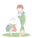  1boy alternate_costume belt boots bowing brown_hair buttons closed_eyes commentary_request full_body gloves green_pants jiugong_chi leaning_forward long_sleeves male_focus pants pokemon pokemon_(creature) pokemon_(game) pokemon_swsh roserade short_hair standing tailcoat victor_(pokemon) white_gloves white_jabot yellow_footwear 