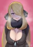  1girl alternate_breast_size artsheops bangs black_collar blonde_hair breasts cleavage coat collar commentary cynthia_(pokemon) fur_collar grey_eyes hair_ornament hair_over_one_eye heart heart_in_eye highres large_breasts long_hair looking_at_viewer open_mouth pokemon pokemon_(game) pokemon_dppt raised_eyebrows shiny shiny_hair shiny_skin signature smile solo steam symbol_in_eye tongue upper_body watermark 