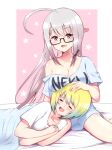  2girls =_= absurdres ahoge breasts cleavage fang glasses green_hair headpat heart highres lap_pillow long_hair looking_at_viewer md5_mismatch multiple_girls neku397 open_mouth original oversized_clothes pink_eyes resolution_mismatch self_upload short_hair silver_hair simple_background source_smaller 