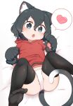  1girl absurdres animal_ears animal_hands bangs bed_sheet black_eyes black_hair black_legwear cat_ears cat_tail chis_(js60216) commentary crotch_seam from_above gloves heart highres hood hood_down hoodie kaban_(kemono_friends) kemono_friends kemonomimi_mode looking_at_viewer lying on_back on_bed open_mouth panties paw_gloves red_hoodie red_shirt shirt short_hair short_sleeves solo spoken_heart tail thighhighs underwear wavy_hair white_panties 