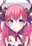  1girl blue_eyes blue_ribbon character_name check_commentary commentary_request curled_horns dragon_girl elizabeth_bathory_(fate) elizabeth_bathory_(fate/extra_ccc) english_text eyelashes fate/extra fate/extra_ccc fate/grand_order fate_(series) grey_background heart highres horns lips long_hair looking_at_viewer pink_hair pointy_ears ribbon sirom solo two-tone_background white_background 