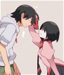  ! 1boy 1girl :| ahoge araragi_koyomi arm_at_side arm_up arms_at_sides bangs black_eyes black_hair black_necktie black_skirt black_undershirt blush_stickers breasts bright_pupils brown_background cargo_pants closed_mouth commentary dress_shirt empty_eyes eye_contact facing_another from_side green_pants halftone halftone_background hammer_(sunset_beach) headpat height_difference highres hood hood_down hoodie hunched_over leaning_forward long_sleeves looking_at_another monogatari_(series) naoetsu_high_school_uniform necktie oshino_ougi pale_skin pants patterned_background pink_shirt pleated_skirt puffy_sleeves school_uniform shirt short_hair short_sleeves skirt sleeves_past_fingers sleeves_past_wrists small_breasts smile surprised symbol-only_commentary turtleneck upper-body wavy_mouth white_hoodie white_pupils zipper 