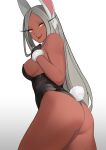  1girl ass black_gloves black_leotard boku_no_hero_academia breasts cowboy_shot dark-skinned_female dark_skin gloves gradient gradient_background grey_background highres leotard long_eyelashes long_hair medium_breasts mirko panapana_(pixiv_12562150) playboy_bunny rabbit_girl rabbit_tail sideboob simple_background solo tail white_background 