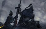  1boy 1girl armor artorias_the_abysswalker braid cape dark_souls_(series) dark_souls_i full_armor gauntlets helmet knight lord&#039;s_blade_ciaran rirth shoulder_armor size_difference sword weapon 