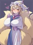  1girl :q \m/ bangs blonde_hair blush breast_hold breasts brooch commentary_request covered_nipples eyebrows_visible_through_hair eyelashes fluffy fox_tail frills hanging_breasts hat heart highres huge_breasts ibaraki_natou jewelry kitsune long_sleeves looking_at_viewer multiple_tails no_bra pillow_hat purple_background seductive_smile short_hair simple_background smile solo standing tabard tail tassel thighhighs tongue tongue_out touhou white_headwear white_legwear yakumo_ran yellow_eyes 