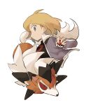  1boy bangs black_shirt blonde_hair chinese_commentary closed_mouth commentary_request grey_eyes grey_jacket highres holding holding_poke_ball jacket jiugong_chi logo long_sleeves looking_at_viewer lycanroc lycanroc_(dusk) male_focus open_clothes open_jacket paulo_(pokemon) poke_ball poke_ball_(basic) pokemon pokemon_(creature) pokemon_(game) pokemon_masters_ex shirt short_hair team_rocket upper_body 