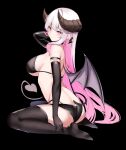  1girl ass bare_shoulders bat_wings bikini black_bikini black_legwear breasts commentary demon_girl demon_horns demon_tail demon_wings elbow_gloves gloves highres horns kneeling large_breasts looking_at_viewer original pink_eyes pink_hair spider_apple spread_legs swimsuit symbol-only_commentary tail thighhighs wings 