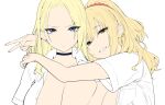  2girls annoyed blonde_hair blonde_onee-san_(sky-freedom) blue_eyes breasts choker choker_onee-san_(sky-freedom) cleavage hair_ornament hair_scrunchie high_ponytail hug large_breasts long_hair looking_at_viewer multiple_girls original scrunchie simple_background sky-freedom smile symbol-only_commentary upper_body v 