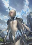  1girl armor blonde_hair blue_eyes bob_cut bodysuit clare_(claymore) claymore closed_mouth cloud grass leo_chuang lips mountainous_horizon outdoors short_hair shoulder_armor shoulder_pads sky straight_hair weapon weapon_on_back 