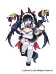  1girl animal_ears bangs bell black_footwear black_hair blue_eyes brave_sword_x_blaze_soul breasts cleavage copyright cup full_body garter_straps head_wings holding holding_tray large_breasts long_hair maid maid_headdress mary_janes mikazuki_menzen miniskirt neck_bell neck_garter official_art open_mouth photoshop_(medium) pleated_skirt pointy_ears ribbon-trimmed_dress shoes simple_background skirt snake solo tail teacup teapot thighhighs tray twintails very_long_hair white_background white_legwear wrist_cuffs zankuro 