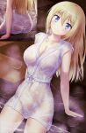  1girl angelina_kudou_shields arm_support ass bangs bath blonde_hair blue_eyes blush breasts cleavage closed_mouth collarbone commentary_request covered_navel eyebrows_visible_through_hair hair_between_eyes highres large_breasts long_hair looking_at_viewer mahouka_koukou_no_rettousei multiple_views naked_robe pasya-pasya ribbon see-through sitting smile soaking_feet wet wet_clothes white_ribbon 