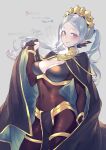  1girl alternate_costume bangs blue_hair blush bodystocking breasts bridal_gauntlets cape cleavage commentary_request cosplay covered_navel fire_emblem fire_emblem_awakening fire_emblem_fates flora_(fire_emblem) hair_ornament highres holding holding_cape holding_clothes large_breasts looking_at_viewer negiwo parted_bangs skin_tight solo tharja_(fire_emblem) tharja_(fire_emblem)_(cosplay) translated twintails twitter_username 