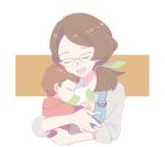  1boy 1girl :d blue_overalls brown_hair carrying closed_eyes commentary_request egg eyelashes galar_mother glasses green_ribbon grey_shirt hair_ribbon hair_tie holding holding_egg jiugong_chi long_hair mother_and_son open_mouth overalls pokemon pokemon_(game) pokemon_egg pokemon_swsh ribbon shirt sleeves_rolled_up smile tied_hair tongue victor_(pokemon) younger 