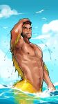  1boy :q abs armpit_hair armpits bara beard bird blush chest_hair cloud cloudy_sky completely_nude dark-skinned_male dark_skin facial_hair fins full_body hand_in_hair head_fins looking_at_viewer male_focus mature_male merman monster_boy muscular muscular_male mustache navel navel_hair nipples nude original pectorals short_hair sky solo stomach thick_eyebrows tongue tongue_out wet xiaolumiaoliya yellow_scales 