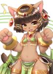  1girl :3 animal_ear_fluff animal_ears animal_hands animal_nose bangs bare_shoulders bastet_(fullbokko_heroes) blunt_bangs blush bob_cut body_fur bow brown_hair cat_ears cat_girl cat_tail chain choker claws commentary_request cowboy_shot crystal earrings egyptian eyebrows_visible_through_hair fang flat_chest fullbokko_heroes gem gold green_bow hagoromo hair_ornament halo hands_up happy highres horokusa_(korai) jewelry loincloth looking_at_viewer musical_note navel necklace open_mouth partial_commentary paw_pose pawpads ruby_(gemstone) shawl shiny shiny_hair short_hair sidelocks simple_background smile solo standing stomach striped striped_background sweat tail tail_bow tail_ornament tassel thigh_strap two-tone_background white_background wide_hips x_hair_ornament yellow_choker yellow_eyes 