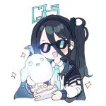  1girl arisu_(blue_archive) blue_archive commentary_request dark_blue_hair glasses hair_between_eyes halo headband long_hair necktie open_mouth peroro_(blue_archive) school_uniform simple_background solo sparkle sunglasses trophy white_background 