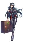  1girl annerose_vajra bangs black_hair bodysuit breasts cropped_jacket full_body highres holding holding_suitcase impossible_clothes kagami_hirotaka koutetsu_no_majo_annerose large_breasts latex long_hair official_art sideboob simple_background smile solo suitcase sword taimanin_rpgx very_long_hair weapon white_background yellow_eyes zipper zipper_pull_tab 