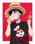  1boy bird chicken chicken_(food) chicken_leg eating food happy hat highres jollibee jollibee_(mascot) looking_at_viewer monkey_d._luffy neku397 one_piece open_mouth self_upload smile steam_from_mouth straw_hat 