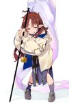  1girl arknights bangs blush brown_hair commentary exhausted flag green_eyes holding holding_flag jacket long_hair myrtle_(arknights) off_shoulder parted_bangs parted_lips pointy_ears simple_background solo white_background white_jacket youhei_64d 