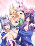  4girls animal_ear_fluff animal_ears areolae arm_up bangs blonde_hair blue_eyes breasts cat_ears cherry_blossoms eyebrows_visible_through_hair fang feet_out_of_frame fox_ears fur_choker green_eyes hair_ornament hair_over_one_eye hairclip hatsune_(kemomimi_musume-tachi_ga_iyashite_kureru_kozukuri_onsen&#039;yado) highres huge_breasts jewelry kemomimi_musume-tachi_ga_iyashite_kureru_kozukuri_onsen&#039;yado kyo_touya large_breasts long_sleeves looking_at_viewer multiple_girls necklace off_shoulder official_art one_eye_closed open_mouth outstretched_arms parted_lips pink_hair purple_hair rabbit_ears red_eyes ruri_(kemomimi_musume-tachi_ga_iyashite_kureru_kozukuri_onsen&#039;yado) shiny shiny_skin shion_(kemomimi_musume-tachi_ga_iyashite_kureru_kozukuri_onsen&#039;yado) silver_hair smile tail wide_sleeves wolf_ears wolf_tail yellow_eyes yuuna_(kemomimi_musume-tachi_ga_iyashite_kureru_kozukuri_onsen&#039;yado) 