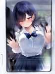  1girl against_glass bag bangs black_hair blue_neckwear blue_skirt blush breast_press breasts closed_mouth collared_shirt commentary_request eyebrows_visible_through_hair eyes_visible_through_hair glass hair_between_eyes highres large_breasts long_hair nekomugiharu original pleated_skirt purple_eyes reflection school_bag school_uniform shirt shirt_tucked_in skirt solo_focus tokujo-chan train_interior white_shirt 