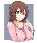  1girl border breasts brown_eyes brown_hair cropped_arms cropped_torso cum cum_in_mouth cum_on_body cum_on_fingers cum_on_neck grey_background hair_between_eyes hair_in_mouth highres idolmaster idolmaster_million_live! idolmaster_million_live!_theater_days jinoyou kasuga_mirai large_breasts medium_hair outside_border pajamas sketch solo tearing_up white_border 