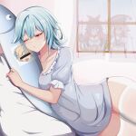  4girls amber_(genshin_impact) bar_censor bed bed_sheet bedroom blue_hair breasts censored curtains eula_(genshin_impact) fish genshin_impact highres hug implied_yuri indoors looking_at_viewer lumine_(genshin_impact) lying medium_breasts multiple_girls one_eye_closed pajamas photo_(object) potato_h smile thighhighs white_legwear window yanfei_(genshin_impact) 