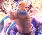  1boy abs absurdres bara black_hair black_male_underwear blonde_hair blush bulge crow_(siranui) firework_background fireworks fundoshi highres horns japanese_clothes jiraiya_(housamo) large_pectorals looking_at_viewer male_focus male_underwear multicolored_hair muscular muscular_male navel nipples pectorals revision scarf short_hair smile solo thick_thighs thighs tokyo_afterschool_summoners topless_male underwear upper_body 