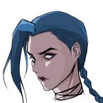  1girl angry asymmetrical_bangs bangs black_choker blue_eyes blue_hair braid choker closed_mouth commentary_request cropped_head head highres jinx_(league_of_legends) league_of_legends long_hair looking_at_viewer m2ka0 simple_background single_braid solo white_background 