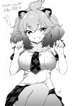  1girl :3 animal_ear_fluff animal_ears bangs big_hair bow bowtie breast_pocket breasts claw_pose dot_nose elbow_gloves eyebrows_visible_through_hair eyes_visible_through_hair fang fur_collar gloves greyscale hair_between_eyes halftone hand_up hands_up hatagaya heart kemono_friends large_breasts lion_(kemono_friends) lion_ears looking_at_viewer medium_hair miniskirt monochrome necktie open_mouth plaid plaid_necktie plaid_skirt pocket print_bow print_bowtie short_sleeves signature simple_background sitting skin_fang skirt sleeve_cuffs solo thighhighs topknot translation_request tsurime wavy_hair white_background zettai_ryouiki 