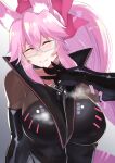  1girl animal_ear_fluff animal_ears asai_makoto black_bodysuit black_choker bodysuit breasts choker closed_eyes fate/grand_order fate_(series) fox_ears fox_tail glasses gradient gradient_background grey-framed_eyewear grey_background koyanskaya_(fate) large_breasts pink_hair smile solo tail tamamo_(fate) zipper zipper_pull_tab 