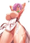  1girl armpits arms_behind_head arms_up bangs bare_shoulders blush body_markings breasts breasts_outside closed_mouth cosplay dress fate/grand_order fate_(series) hair_over_one_eye highres himiko_(fate) himiko_(fate)_(cosplay) kuraikurairey large_breasts light_purple_hair looking_at_viewer magatama magatama_necklace mash_kyrielight nipples purple_eyes sash short_hair side_slit smile solo thighs wet white_dress 