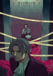  absurdres ace_attorney ascot bangs blood caution_tape corpse elevator glowing glowing_eyes gregory_edgeworth gun highres male_focus miles_edgeworth parted_bangs pink_blood red_eyes riotbones solo_focus time_paradox weapon 