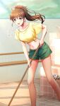  1girl :d bangs bare_legs brown_eyes brown_hair collarbone doukyuusei doukyuusei_another_world eyebrows_visible_through_hair floating_hair green_shorts hair_between_eyes hair_ribbon high_ponytail holding indoors leaning_forward long_hair midriff navel official_art red_ribbon ribbon shiny shiny_hair shiny_skin shirt short_shorts short_sleeves shorts smile solo standing stomach t-shirt tanaka_misa tied_shirt yellow_shirt 