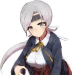  1girl alchera blue_jacket breasts chitose_(kancolle) grey_eyes grey_hair headband jacket kantai_collection large_breasts long_hair looking_at_viewer ponytail simple_background solo upper_body white_background 