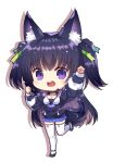  1girl :d animal_ear_fluff animal_ears arm_up bangs black_footwear black_hair black_jacket blue_skirt breasts capura_lin chibi cleavage clenched_hands drop_shadow eyebrows_visible_through_hair full_body green_ribbon guild_cq hair_ribbon hand_up headphones headphones_around_neck headset jacket long_hair long_sleeves looking_at_viewer medium_breasts pleated_skirt puffy_long_sleeves puffy_sleeves purple_eyes quon_tama ribbon shoes skirt smile solo standing standing_on_one_leg tail teeth thighhighs two_side_up upper_teeth very_long_hair virtual_youtuber white_background white_legwear 