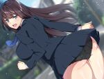  1girl ass bangs black_jacket black_panties black_skirt blue_eyes blue_necktie blunt_bangs blurry blurry_background blush breasts building cameltoe day from_behind highres house jacket large_breasts long_hair long_sleeves looking_at_viewer looking_back necktie open_mouth original outdoors panties pleated_skirt road school_uniform shirt simotukinagomi skirt solo street teeth thighhighs tree trefoil underwear upper_teeth white_shirt 