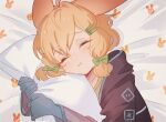  1girl animal_ears arknights awa_iro bangs bed_sheet blonde_hair blush closed_eyes closed_mouth commentary hair_ornament hairclip jacket kroos_(arknights) low_twintails object_hug pillow pillow_hug rabbit_ears rabbit_girl ribbon sleeping solo twintails 