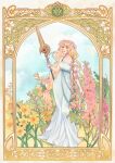  1girl alphonse_mucha_(style) alternate_costume art_nouveau artist_name bangs bare_arms bare_shoulders blonde_hair blue_sky blunt_bangs border braid breasts cloud crest_of_daphnel daffodil day dress fire_emblem fire_emblem:_three_houses flower green_eyes hair_flower hair_ornament head_wreath highres holding holding_polearm holding_weapon hollyhock ingrid_brandl_galatea long_dress long_hair looking_away looking_up luin_(fire_emblem) medium_breasts outdoors parted_lips pink_flower pink_lips polearm sash sidelocks single_braid single_strap sky smile solo spear standing twitter_username very_long_hair weapon white_dress yellow_flower yuu_(snowytowns) 