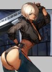  1girl angel_(kof) ass black_jacket bra breasts chaps commentary cropped_jacket finger_horns fingerless_gloves gloves hair_over_one_eye highres index_fingers_raised jacket large_breasts leather leather_jacket midriff nasubin_(user_tjyp5584) navel snk strapless strapless_bra the_king_of_fighters the_king_of_fighters_xiv the_king_of_fighters_xv toned underwear white_hair 