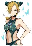 1girl absurdres animal bangs bare_arms bare_shoulders blonde_hair braid breasts brown_eyes bug butterfly collarbone double_bun eyebrows_visible_through_hair green_hair hand_up heart highres jojo_no_kimyou_na_bouken kujo_jolyne long_hair medium_breasts multicolored_hair navel parted_bangs signature simple_background single_braid sofra solo stone_ocean twitter_username two-tone_hair v-shaped_eyebrows white_background 
