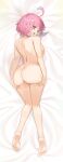  1girl absurdres ahoge anus ass bangs bed_sheet blush breasts censored dakimakura_(medium) eyebrows_visible_through_hair eyelashes from_above from_behind full_body hands_on_thighs highres large_breasts looking_at_viewer looking_back lying monster_girl mosaic_censoring nipples nude open_mouth original pink_eyes pink_hair pink_slime presenting pussy rimless_eyewear round_eyewear short_hair shoulder_blades sideboob slime_girl solo standing twin_(tt_lsh) 