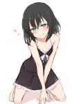  1girl :q bangs bare_arms bare_legs bare_shoulders barefoot black_dress black_hair blue_eyes blush breasts collarbone commentary dress eyebrows_visible_through_hair frilled_dress frills hair_between_eyes head_tilt heart highres kneeling looking_at_viewer medium_hair nonono_(mino) original ringed_eyes see-through simple_background sketch slave-chan_(mino) small_breasts solo split_mouth tongue tongue_out white_background 