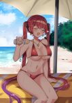  1girl absurdres beach beach_umbrella bikini bottle breasts closed_eyes gradient_hair highres hololive houshou_marine large_breasts long_hair lotion lotion_bottle maroonabyss multicolored_hair open_mouth purple_hair red_hair solo sunscreen swimsuit towel twintails umbrella very_long_hair virtual_youtuber 