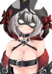  1girl bare_shoulders belt beltbra black_choker bow breasts choker cleavage closed_mouth earrings eye_mask facing_viewer fang highres hololive hood jewelry medium_breasts no_bra off_shoulder red_bow revealing_clothes roriwanko sakamata_chloe short_hair simple_background smile solo upper_body virtual_youtuber white_background white_hair 